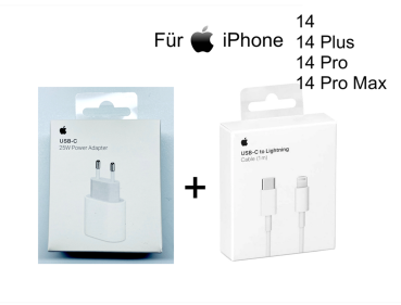 Apple iPhone 14 | 14 Plus | 14 Pro | 14 Pro Max | 25W Ladegerät MHJJ83ZM/A + 1m USB‑C auf Lightning Ladekabel MQGJ2ZE/A